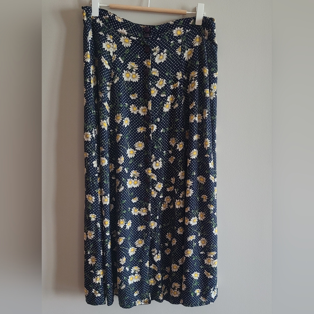 Vintage 90s Maurices Navy Floral Polka Dot Midi Skirt - Button Up Front - Medium